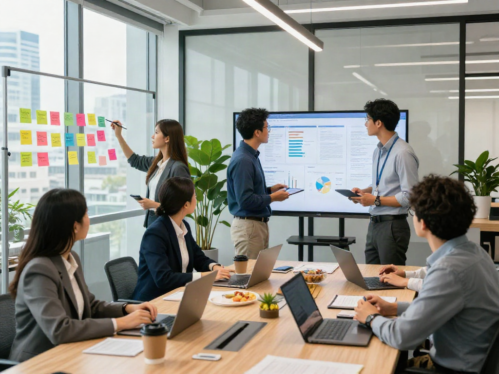 Équipe dynamique collaborant sur le programme Atlas pro dans un bureau moderne.