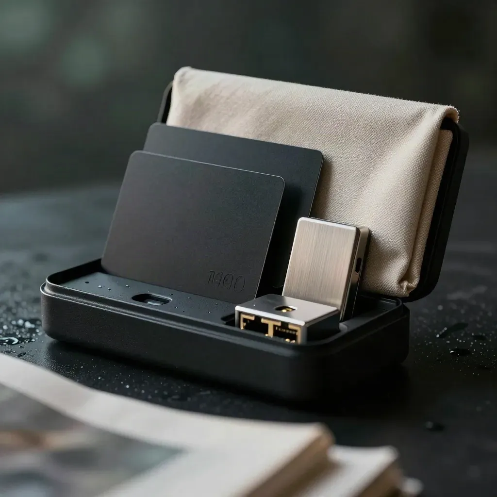 Coffret premium de proxy résidentiel avec carte noire, module métal et pochette textile sur fond sombre.