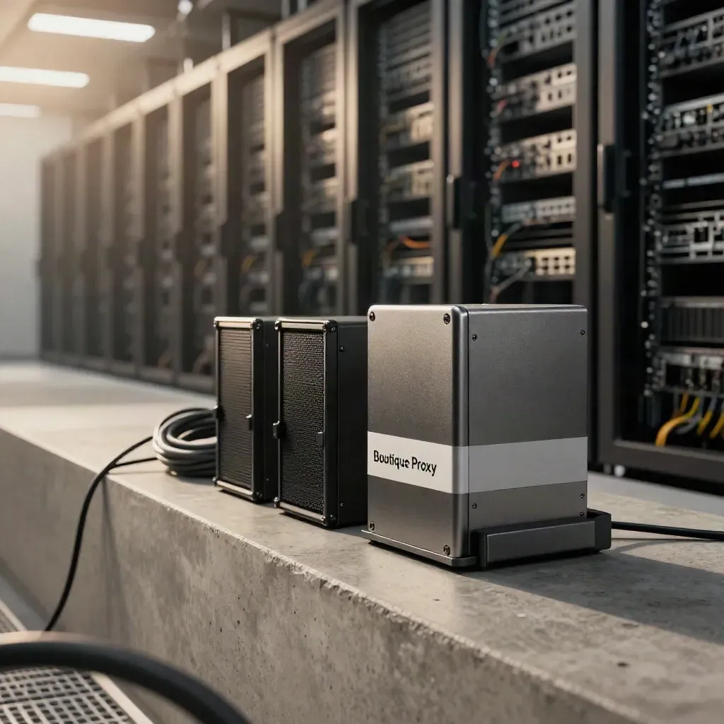 Pack datacenter compact en métal graphite avec modules serveur et câble, ambiance premium brumeuse.