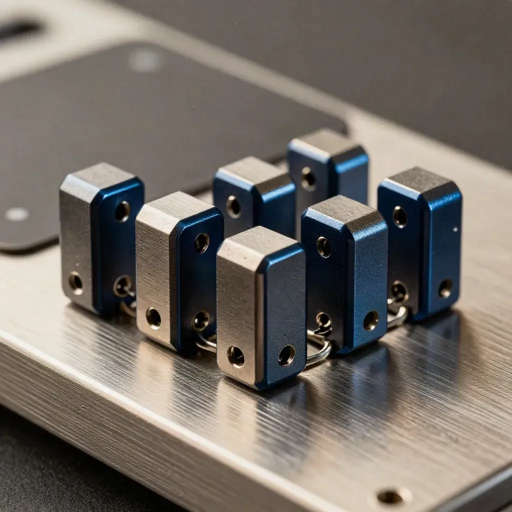Macro de cinq modules proxy alignés sur métal brossé, liaison conductrice bleu nuit.