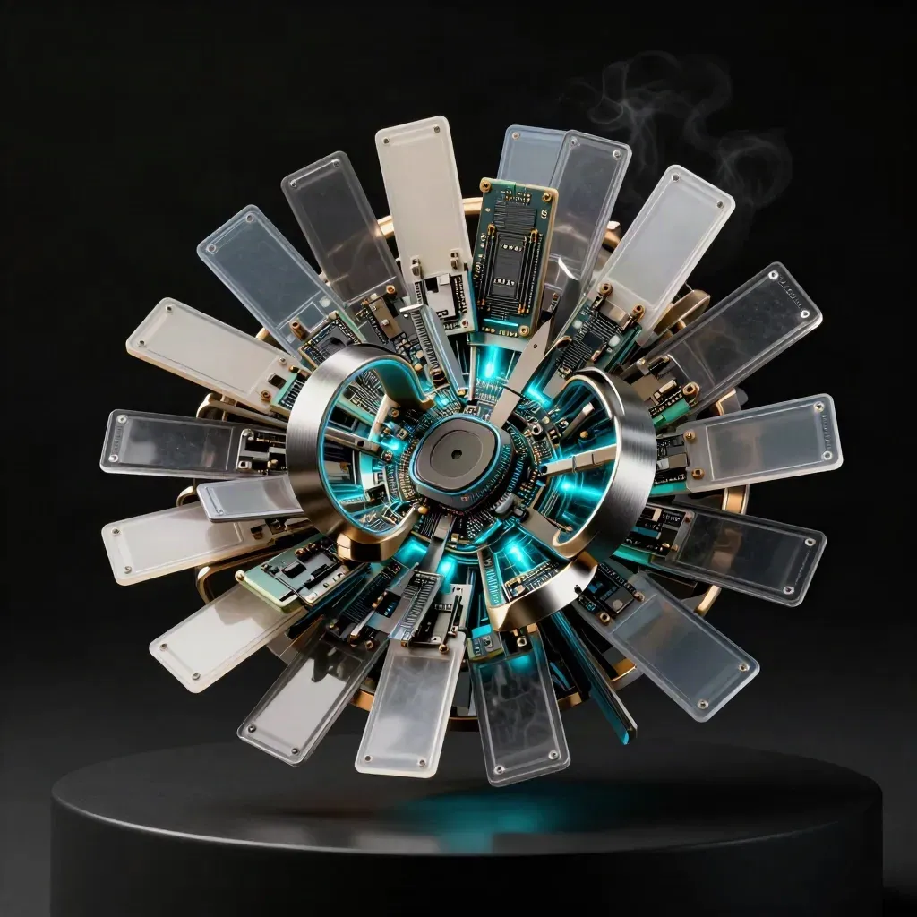 Modules proxy noirs et anneaux cyan en fusion sur socle sombre, ambiance dramatique.