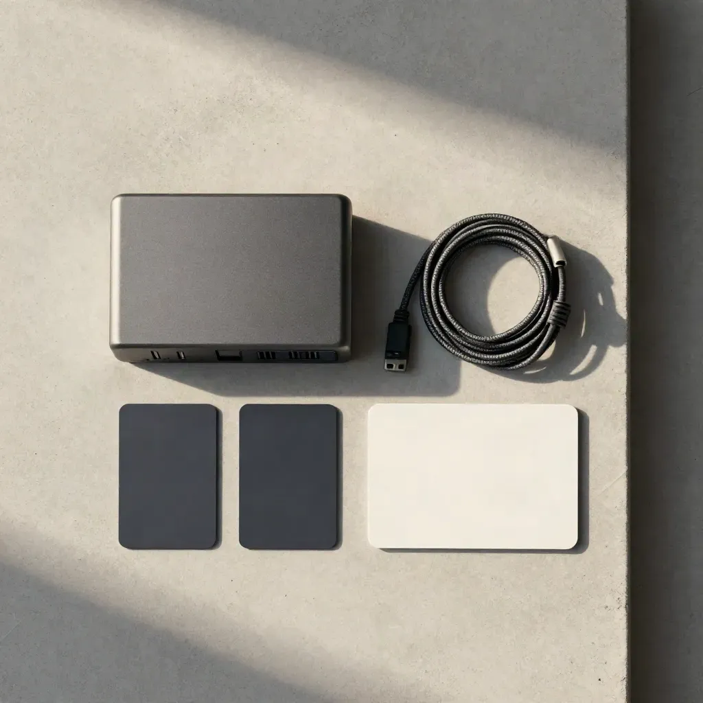 Flatlay zénithal d’un kit proxy datacenter sur dalle béton claire.
