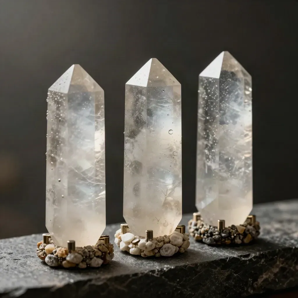 Macro de trois modules clairs reliés sur une base de pierre, ambiance brumeuse et premium.