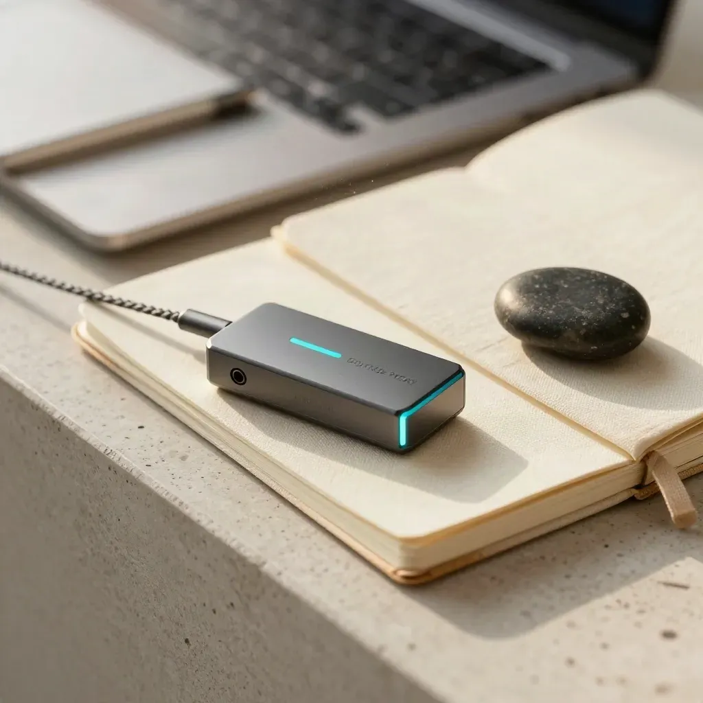 Module SEO discret, carnet fermé, câble fin et galet sombre sur travertin, lumière douce.