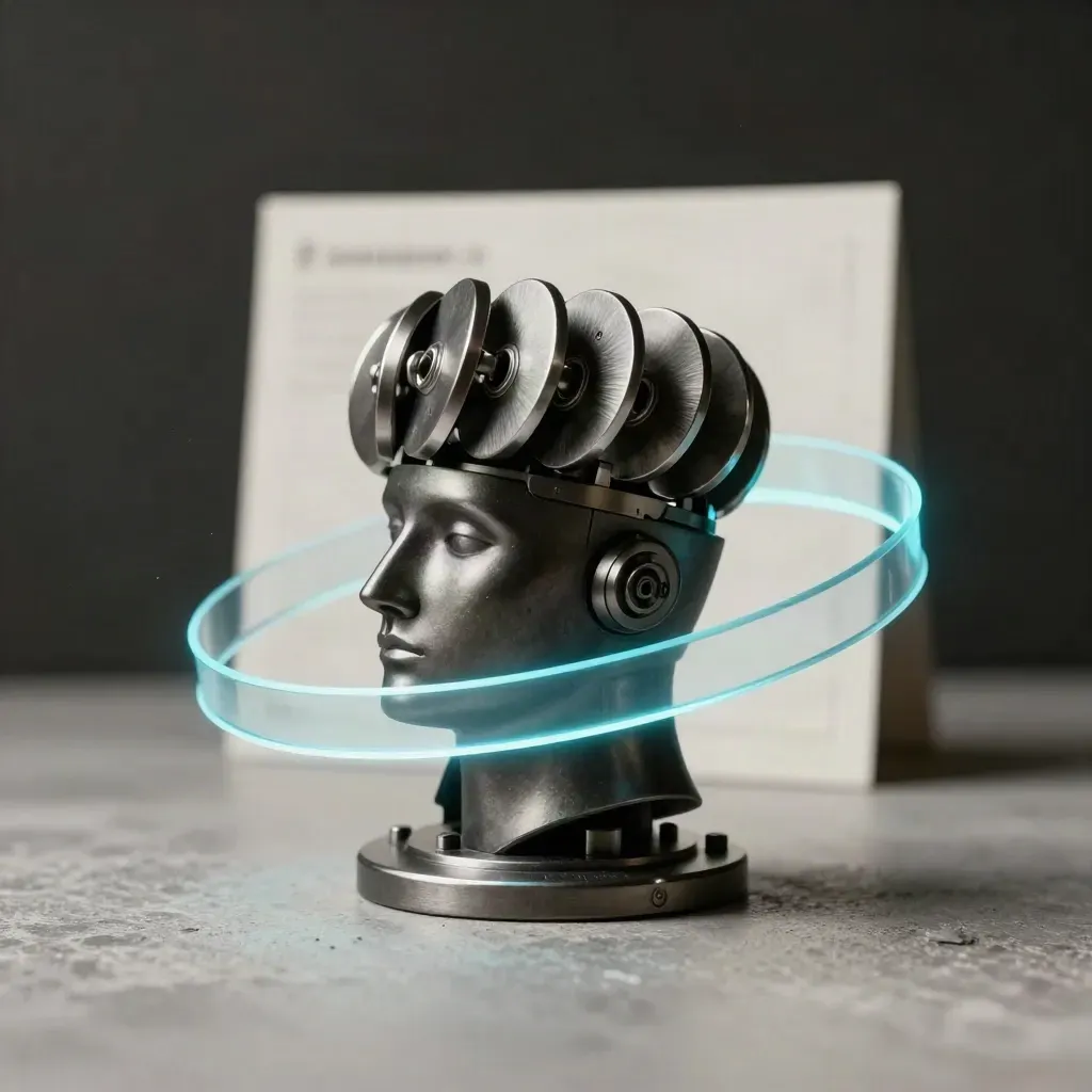 Objet technique sombre avec anneaux et ruban cyan sur socle en pierre.