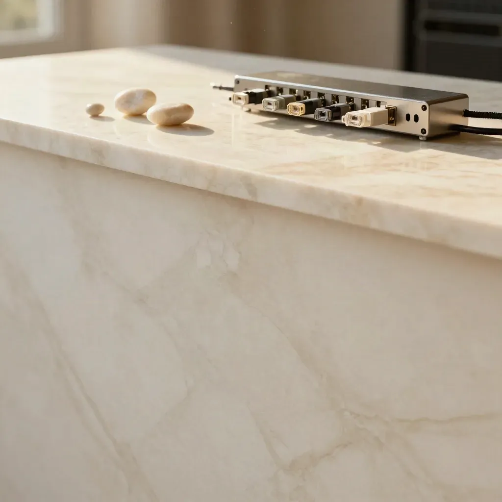 Grande dalle de marbre crème avec modules réseau discrets et lumière chaude.