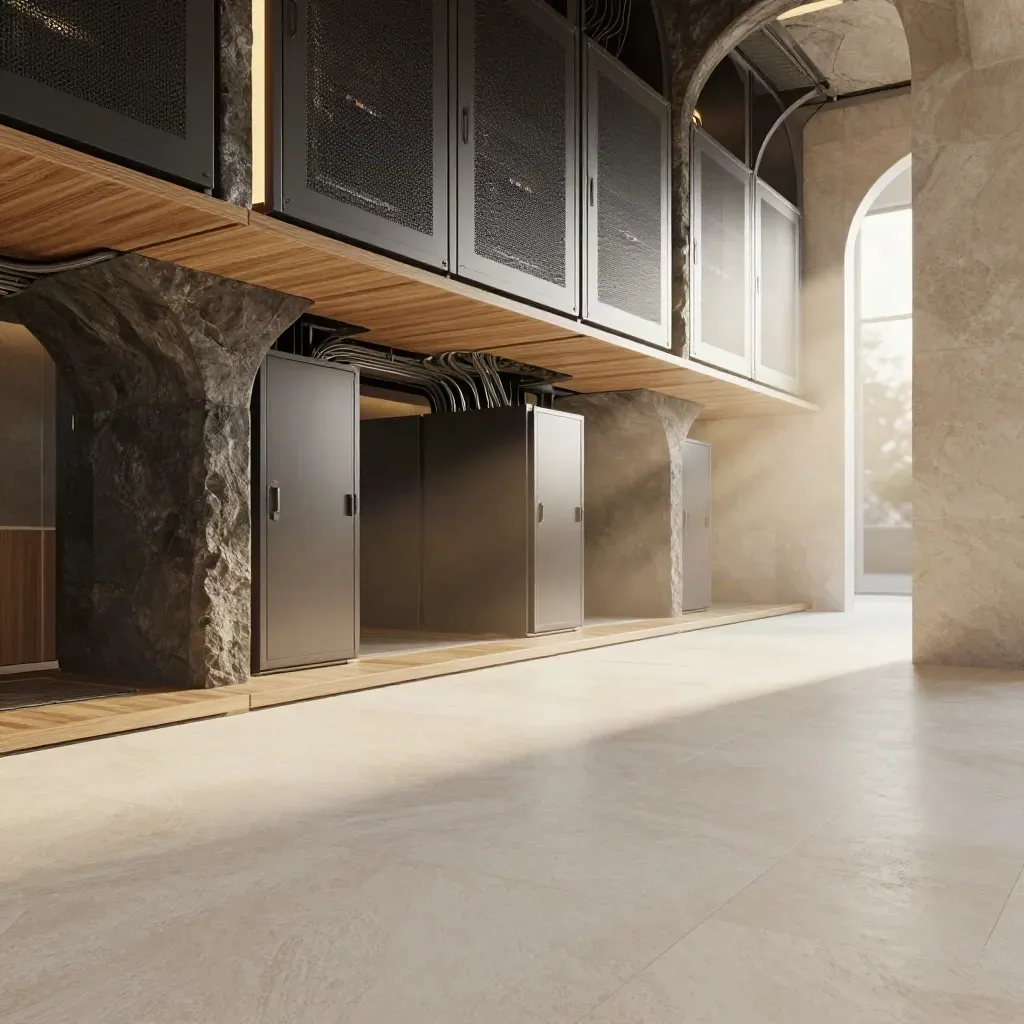 Intérieur minéral de type data center, arches basses, bois clair et lumière matinale filtrée.