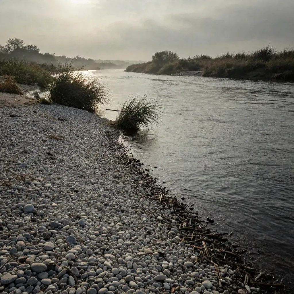 Berge de galets clairs au bord d’une eau sombre, roseaux flous et brume sur la rivière.